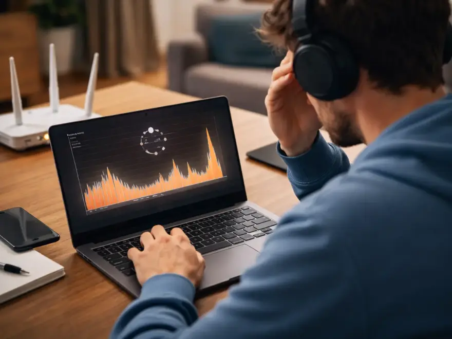 Laptop mit hoher WLAN-Latenz und sichtbaren Ping-Spikes auf dem Bildschirm