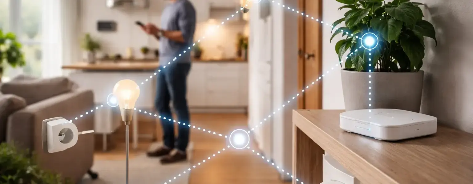 Zigbee Mesh-Netzwerk mit vernetzten Smart-Home-Geräten in einer Wohnung