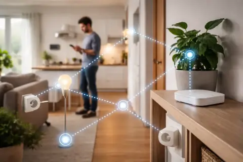 zigbee mesh netzwerk Zigbee Mesh-Netzwerk mit vernetzten Smart-Home-Geräten in einer Wohnung