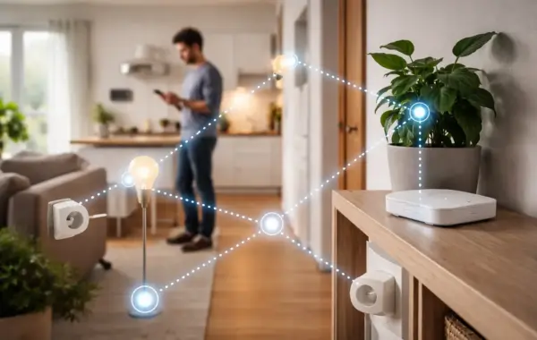 Zigbee Mesh-Netzwerk mit vernetzten Smart-Home-Geräten in einer Wohnung