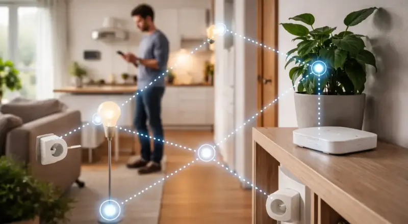 Zigbee Mesh-Netzwerk mit vernetzten Smart-Home-Geräten in einer Wohnung