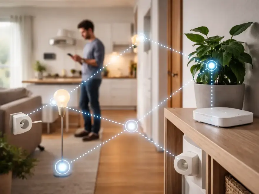 Zigbee Mesh-Netzwerk mit vernetzten Smart-Home-Geräten in einer Wohnung
