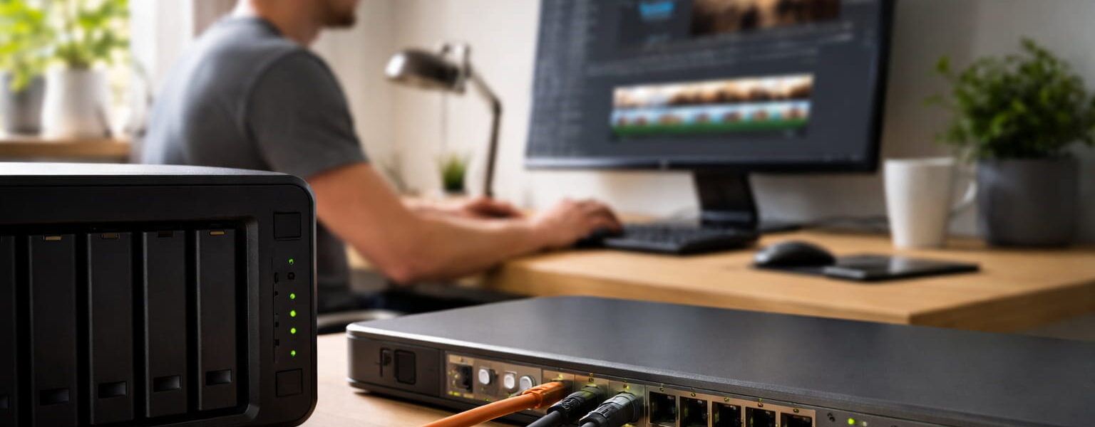10-Gigabit-Netzwerk mit NAS und 10G-Switch in einem modernen Homeoffice