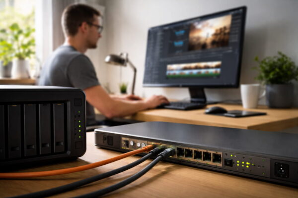 10-Gigabit-Netzwerk mit NAS und 10G-Switch in einem modernen Homeoffice