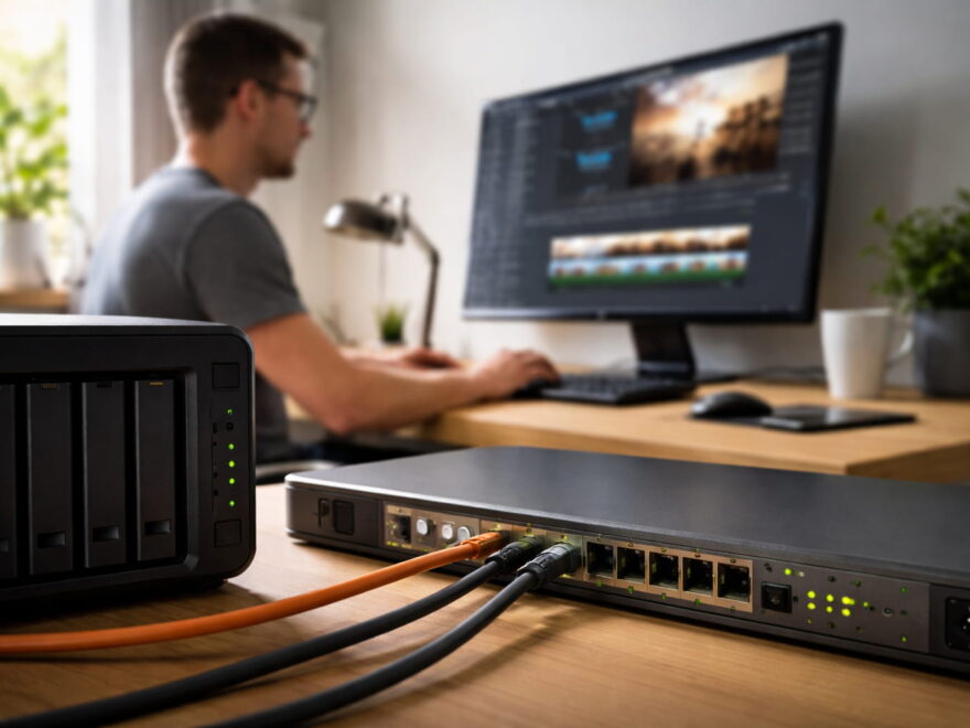 10-Gigabit-Netzwerk mit NAS und 10G-Switch in einem modernen Homeoffice