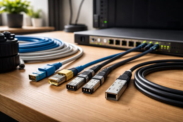 Verkabelung im 10-Gigabit-Netzwerk mit Kupferkabel, Glasfaser und DAC-Kabel vor einem Switch