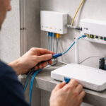 Glasfaser im Heimnetz: ONT und Router nach dem Hausübergabepunkt mit Ethernet-Kabel verbunden