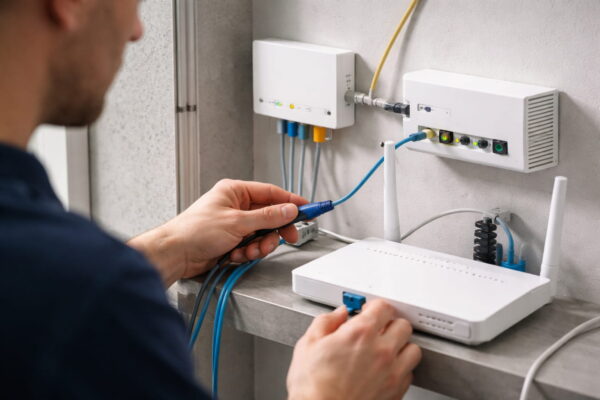 Anschluss von ONT und Router bei Glasfaser im Heimnetz Glasfaser im Heimnetz: ONT und Router nach dem Hausübergabepunkt mit Ethernet-Kabel verbunden