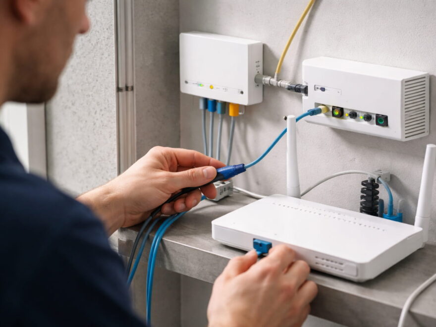 Glasfaser im Heimnetz: ONT und Router nach dem Hausübergabepunkt mit Ethernet-Kabel verbunden