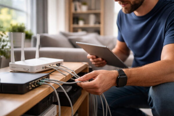 Heimnetzwerk mit Router und verbundenen Geräten im Wohnzimmer
