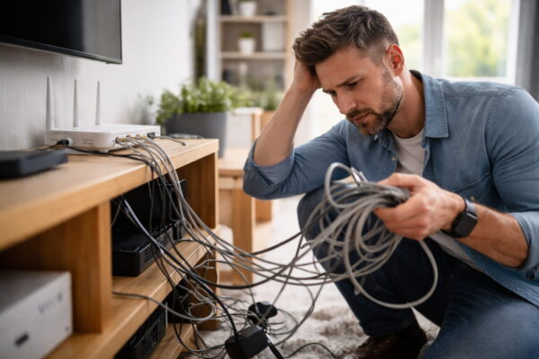 Heimnetzwerk mit Kabelsalat und ungünstiger Router-Platzierung