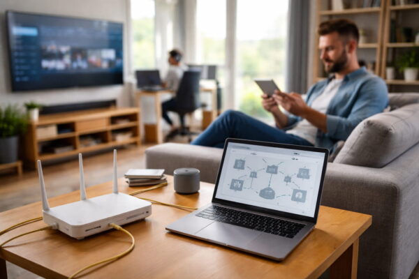 Heimnetzwerk im Wohnzimmer mit Router und vernetzten Geräten