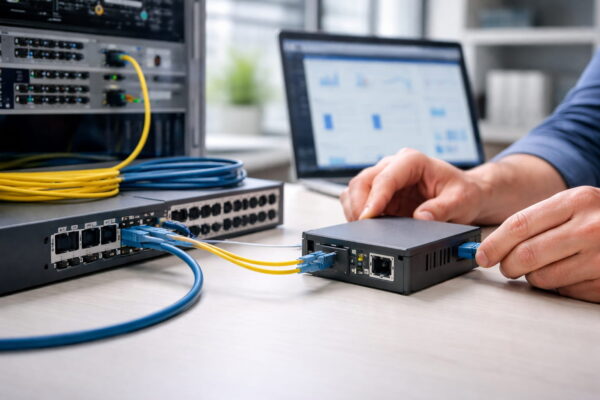 Medienkonverter im praktischen Netzwerkeinsatz Medienkonverter verbindet Glasfaser- und Ethernet-Kabel zwischen Switch und Endgerät