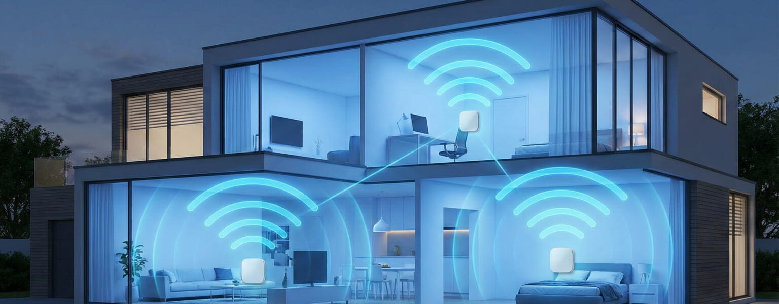 Modernes Haus mit lückenloser Mesh-WLAN-Abdeckung auf allen Etagen.