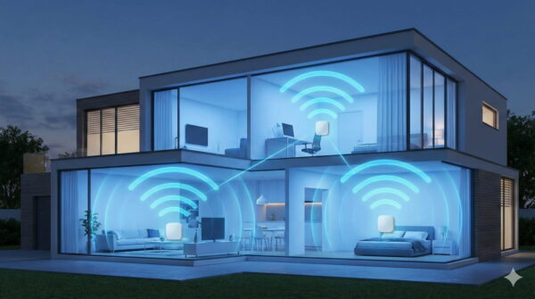 Mesh-WLAN Vergleich 2026: Stabiler Empfang im ganzen Haus Modernes Haus mit lückenloser Mesh-WLAN-Abdeckung auf allen Etagen.