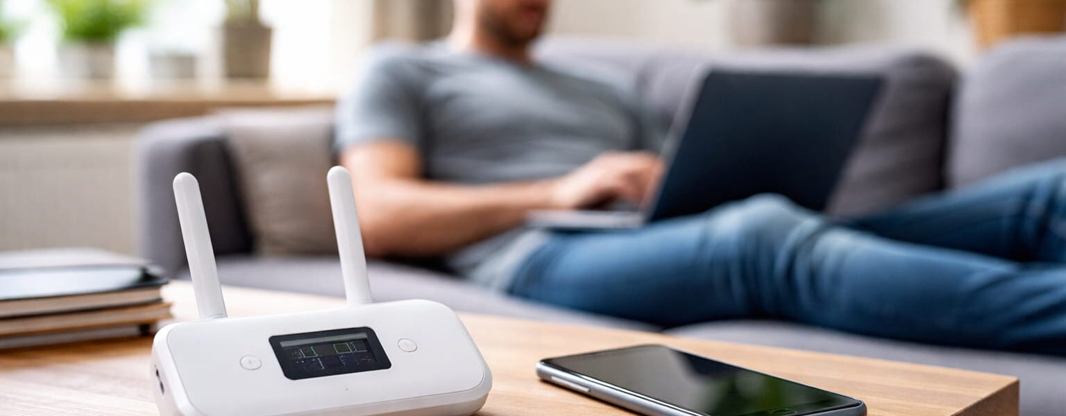 Mobiles Internet vs. WLAN im Heimnetz: LTE-Router mit SIM-Karte als Internetquelle im Wohnzimmer