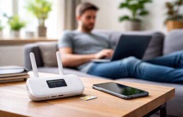 Mobiles Internet vs. WLAN im Heimnetz: LTE-Router mit SIM-Karte als Internetquelle im Wohnzimmer