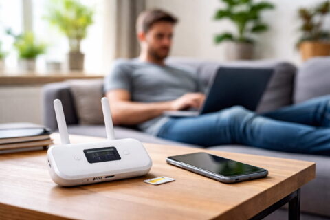 Mobiles Internet vs. WLAN im Heimnetz: LTE-Router mit SIM-Karte als Internetquelle im Wohnzimmer