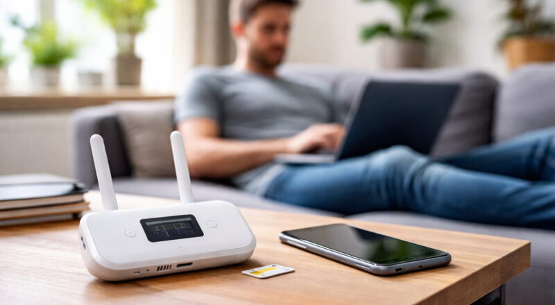 Mobiles Internet vs. WLAN im Heimnetz: LTE-Router mit SIM-Karte als Internetquelle im Wohnzimmer