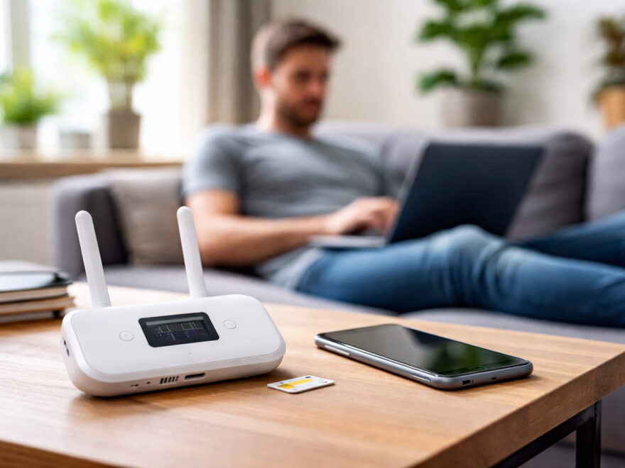 Mobiles Internet vs. WLAN im Heimnetz: LTE-Router mit SIM-Karte als Internetquelle im Wohnzimmer