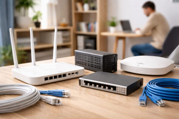 Netzwerk-Hardware im Überblick: Router, Switch, Modem und LAN-Kabel auf einem Schreibtisch