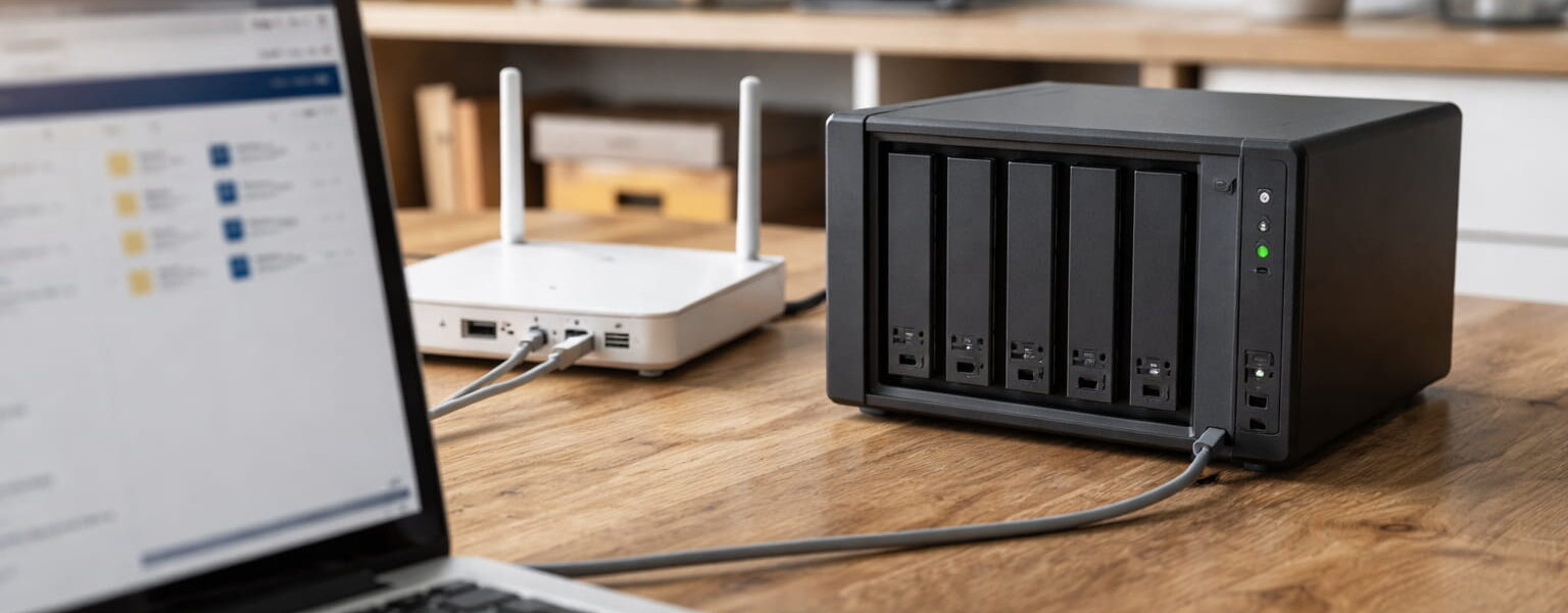 Netzwerkfestplatte (NAS) im Heimnetzwerk, per LAN mit Router verbunden