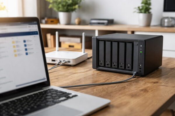 Netzwerkfestplatte (NAS) im Heimnetzwerk, per LAN mit Router verbunden