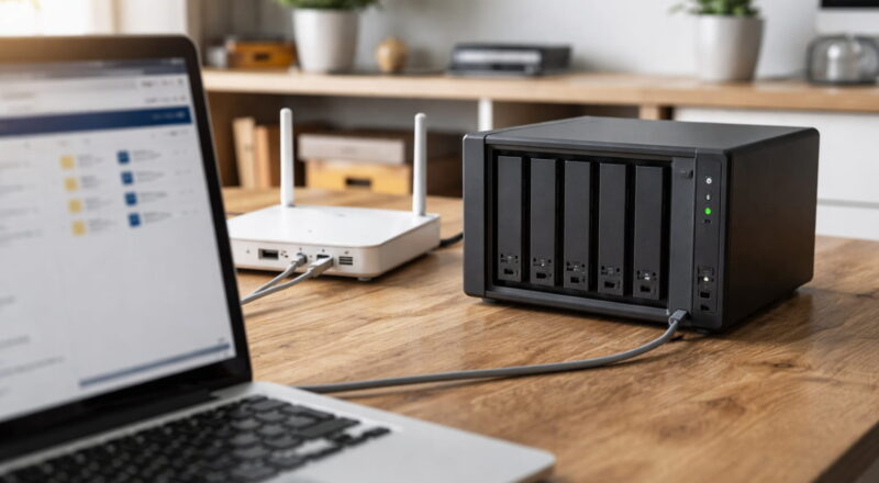 Netzwerkfestplatte (NAS) im Heimnetzwerk, per LAN mit Router verbunden