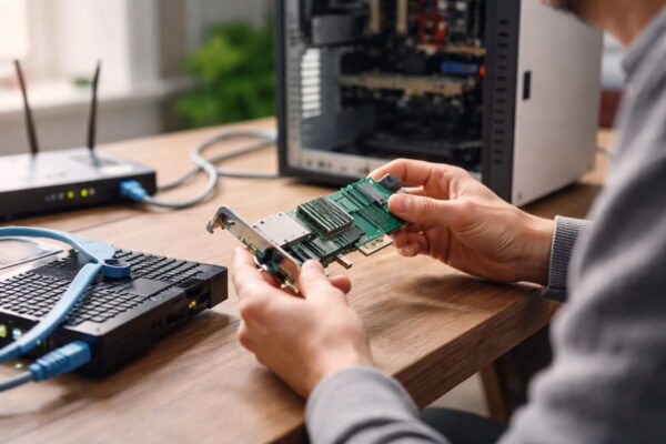 Netzwerkkarten als Schnittstelle zwischen PC und Router Netzwerkkarten als PCIe-Steckkarte beim Einbau in einen Desktop-PC