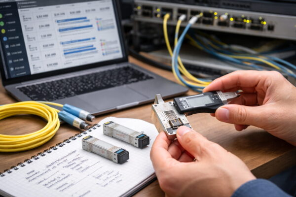 SFP-Module werden analysiert und technische Kennzahlen wie Datenrate und Reichweite geprüft