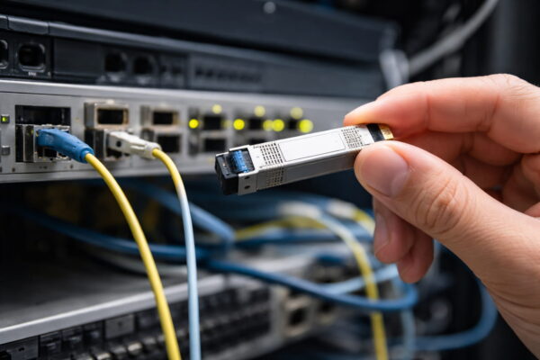 SFP-Module werden in einen Netzwerk-Switch eingesetzt und wandeln elektrische in optische Signale um