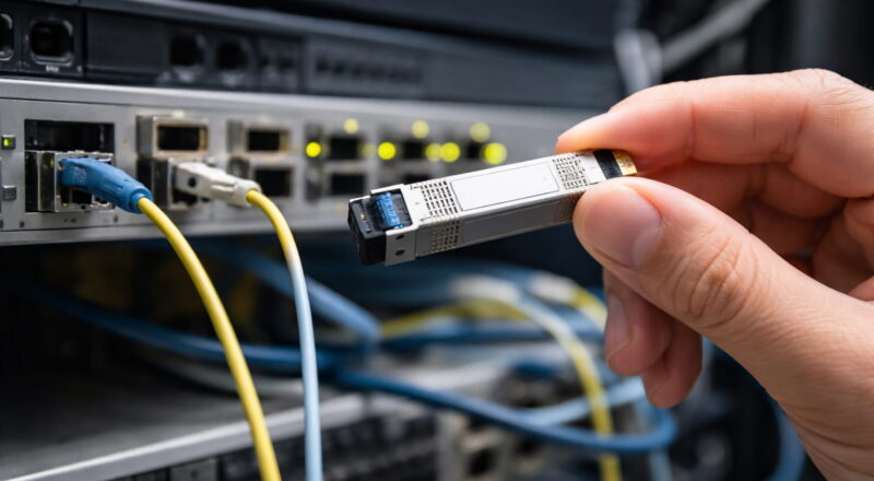 SFP-Module werden in einen Netzwerk-Switch eingesetzt und wandeln elektrische in optische Signale um