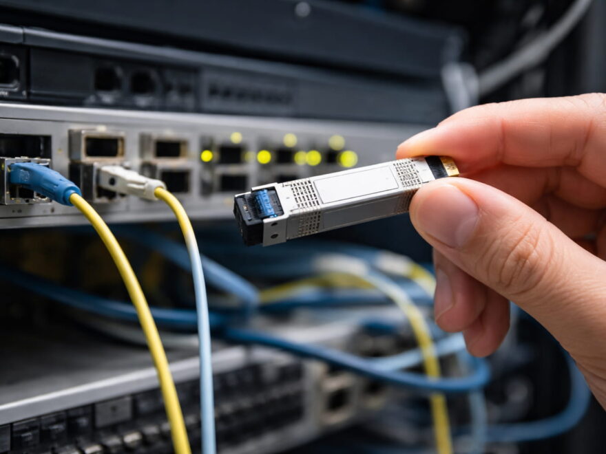 SFP-Module werden in einen Netzwerk-Switch eingesetzt und wandeln elektrische in optische Signale um