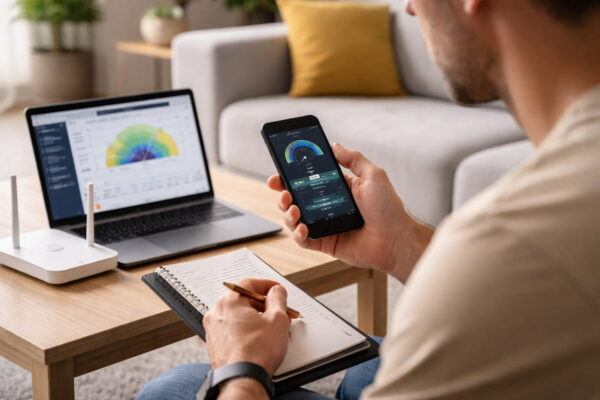 Smartphone zeigt WLAN-Geschwindigkeitstest, daneben Laptop und Router im Heimnetz