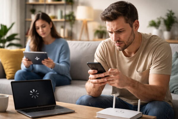 Smartphone und Laptop sind per WLAN mit einem Router verbunden, Internetverbindung wirkt langsam