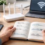 WLAN Standards erklärt anhand eines Routers und technischer Übersicht auf einem Schreibtisch