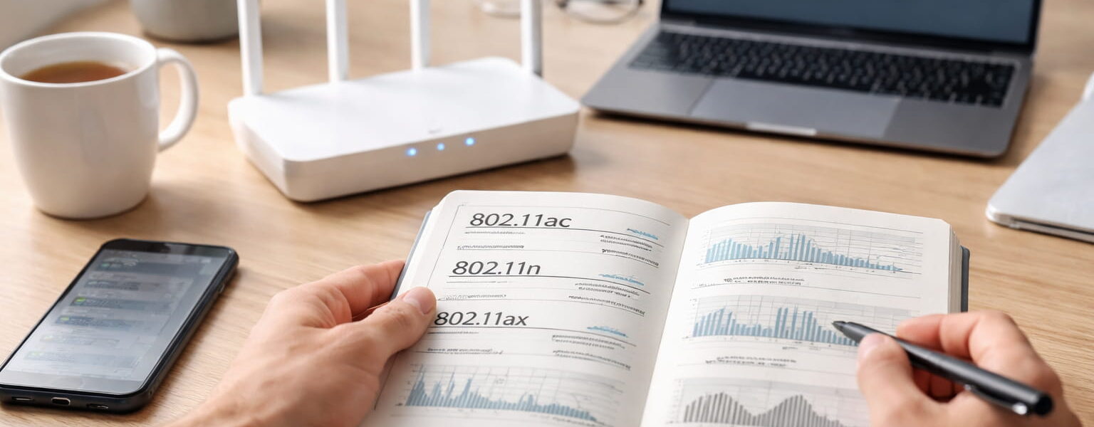 WLAN Standards erklärt anhand eines Routers und technischer Übersicht auf einem Schreibtisch