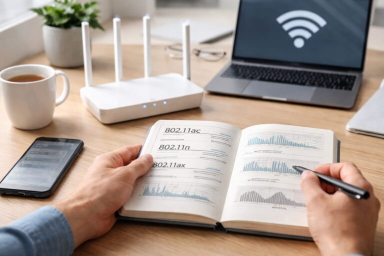 WLAN Standards erklärt anhand eines Routers und technischer Übersicht auf einem Schreibtisch