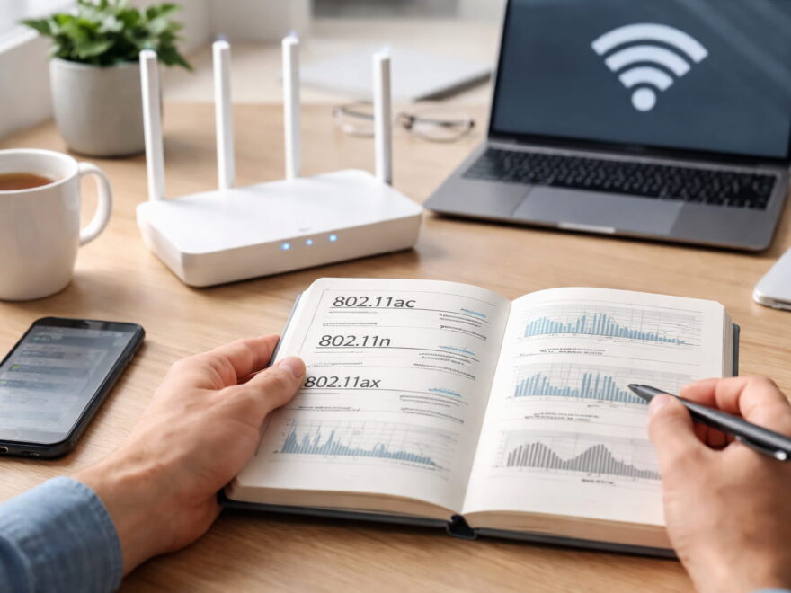 WLAN Standards erklärt anhand eines Routers und technischer Übersicht auf einem Schreibtisch