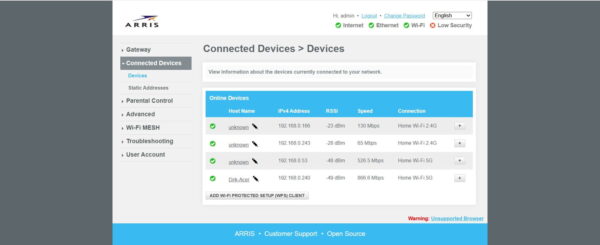 Router zeigt verbundene Geräte mit vergebenen DHCP IP-Adressen