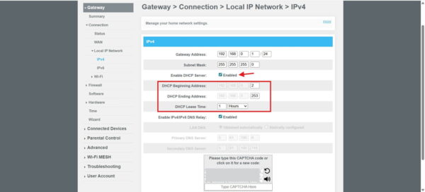 DHCP Einstellungen im Router mit Adressbereich und Lease-Zeit