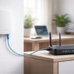 Glasfaser-Modem (ONT) und WLAN-Router im Heimnetzwerk verbunden