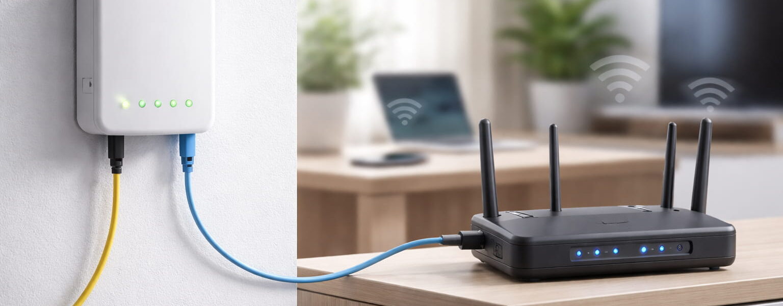 Glasfaser-Modem (ONT) und WLAN-Router im Heimnetzwerk verbunden