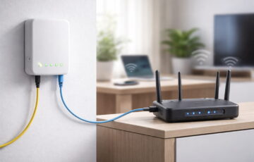 Glasfaser-Modem (ONT) und WLAN-Router im Heimnetzwerk verbunden