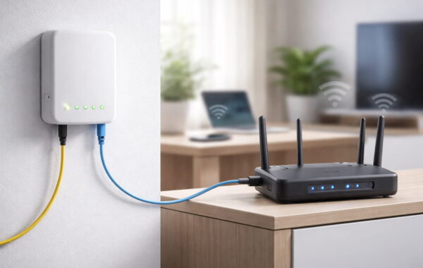 Glasfaser-Modem (ONT) und WLAN-Router im Heimnetzwerk verbunden
