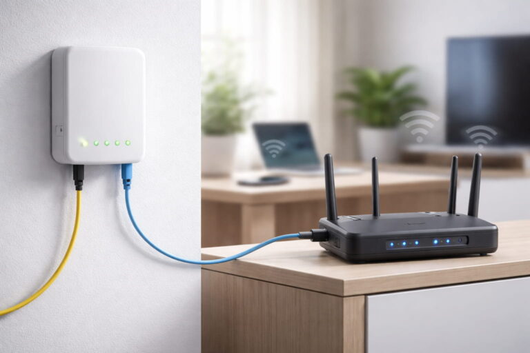 Glasfaser-Modem (ONT) und WLAN-Router im Heimnetzwerk verbunden