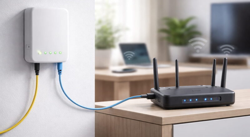 Glasfaser-Modem (ONT) und WLAN-Router im Heimnetzwerk verbunden