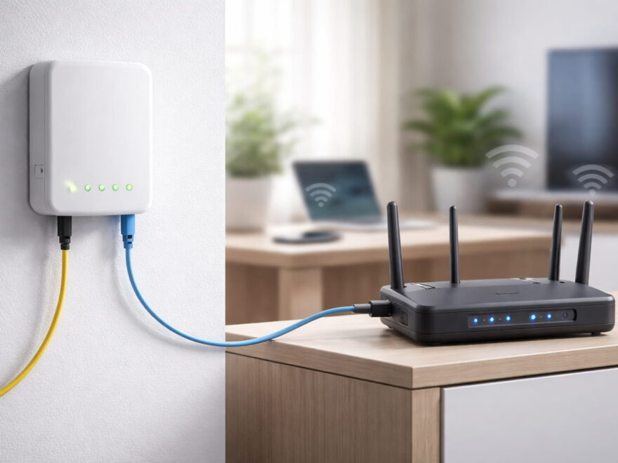 Glasfaser-Modem (ONT) und WLAN-Router im Heimnetzwerk verbunden