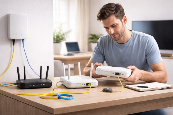 Vergleich von Glasfaser-Modem, Router und integrierter Glasfaserlösung im Heimnetzwerk