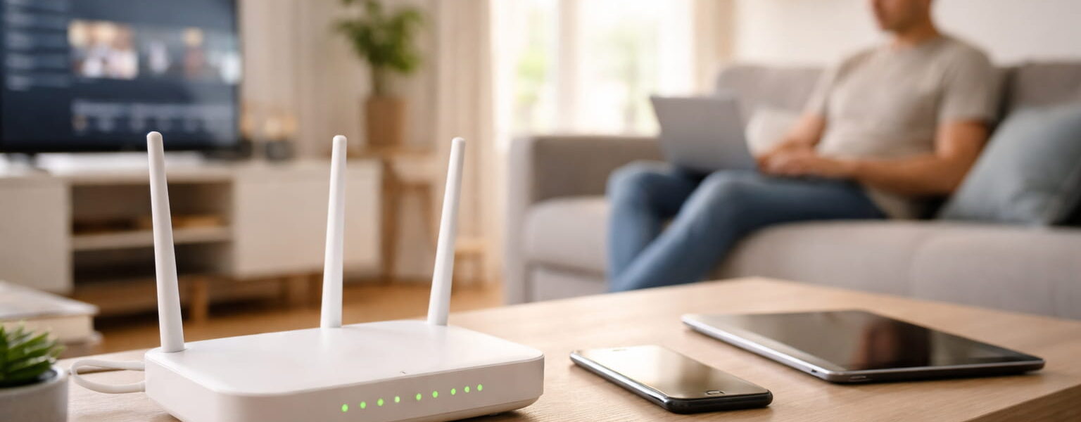 Heimnetzwerk mit Router und verbundenen Geräten im Alltag